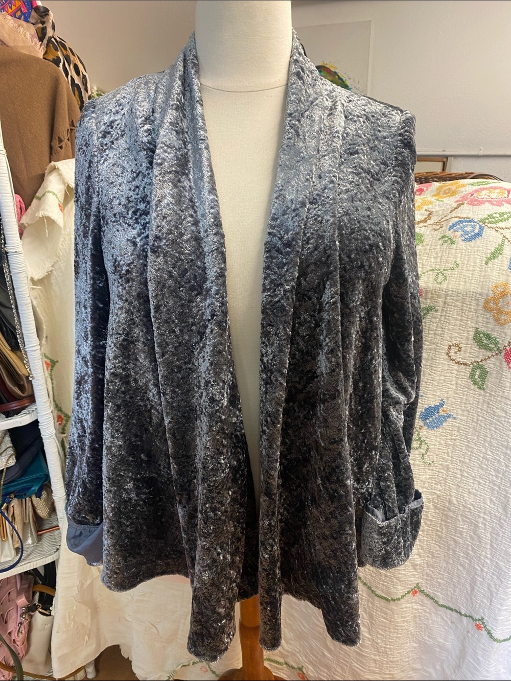 Crushed Velvet Open-Front Blazer Jacket - Charcoal Gray
